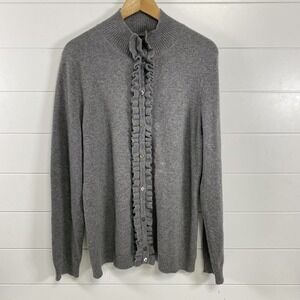 McDuff Sweater Womens XL Gray 100% Cashmere Ruffle Button Cardigan Pullover Soft